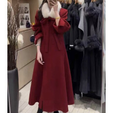 批发真羊毛!新年战袍蝴蝶结狐狸毛围脖双排扣长款双面羊毛大衣外套