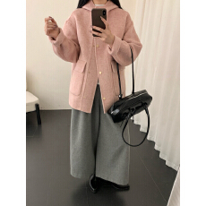 批发粉色小个子<b class='q'>双面</b>羊毛呢<b class='q'>大衣</b>女2025冬新款韩系连帽加厚外套