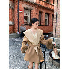 批发25秋冬韩系连帽<b class='q'>狐狸毛</b>双面羊毛大衣女连帽系带毛呢外套