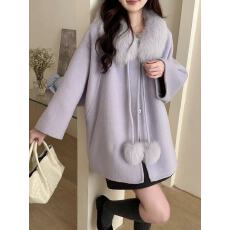 批发2025秋冬新款羊毛双面呢中长款斗篷大衣皮草外套<b class='q'>女</b>