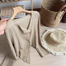 批发新中式苎麻<b class='q'>不规则</b>气质文艺系带禅意设计宽松显瘦长袖小衫夏新款