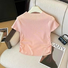 批发夏季甜辣风显瘦正肩柔软弹力褶皱纯色套头短袖洋气简约百搭针织衫