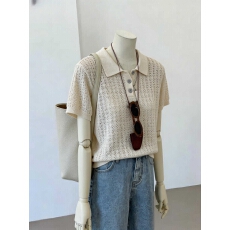 批发棉质混纺极简风polo领翻领一粒扣短袖针织衫镂空薄款显瘦上衣女