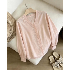 批发韩系V领苎麻单排扣衬衫女26春夏季新款宽松简约百搭显瘦长袖上衣