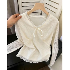 批发法式高级感蕾丝钩花V领打底衫女2026春夏内搭长袖上衣设计感小众