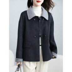 批发时尚妈妈装<b class='q'>春</b>复古撞色翻领毛呢外套女短款盘扣双面呢大衣时尚上衣