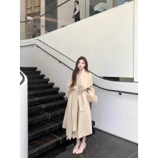 批发沪上千金冬季新款真毛狐狸毛袖口双面呢羊毛大衣女中长款皮草外套