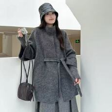 批发立领双面羊绒大衣女2026冬季新款宽松系带针织袖高端毛呢外套