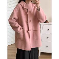 批发2026秋冬新款连帽牛角扣双面羊绒大衣女小个子加厚减龄羊毛呢外套