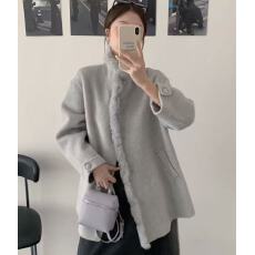 批发兔毛领边双面羊毛<b class='q'>大衣</b>女中长款系腰宽松显瘦双面呢<b class='q'>外套</b>