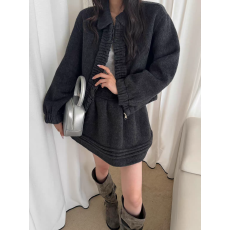 批发韩版翻领木耳边短款外套高腰短裙<b class='q'>两件套</b>羊毛大衣显瘦气质