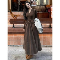 批发韩版chic 赫本风法式高级感简约V领拼接<b class='q'>时尚</b>气质百搭连衣裙配腰带