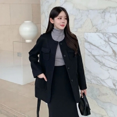 批发韩版呢子大衣女秋冬季时尚复古单排扣圆领绑带收腰毛呢外套