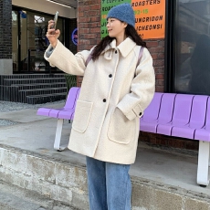 批发韩系chic 冬季复古时尚立领保暖夹棉加厚圈圈呢毛呢风衣外套大衣