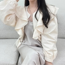 批发韩版chic <b class='q'>春</b>季法式时尚设计感荷叶边抽绳收腰短款风衣拉链外套