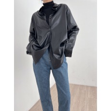 批发韩版chic 春季时尚简约百搭POLO领单排扣PU皮衣衬衫长袖外套潮