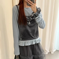 批发韩系chic 百搭丝绒吊带背心叠穿圆领荷叶边长袖T恤两件套配头花