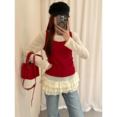 批发韩系chic 时髦休闲针织吊带背心叠穿百搭荷叶边拼接长袖T恤两件套