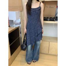 法式复古格纹不规则荷叶边裙女夏韩系气质叠穿吊带连衣裙
