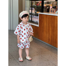 批发<b class='q'>男童</b>满印<b class='q'>薯条</b>印花<b class='q'>短袖</b><b class='q'>衬衫</b>套装夏季宝宝翻领<b class='q'>衬衣</b>短裤中小童两件套