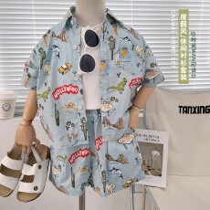 批发<b class='q'>男童</b>套<b class='q'>装</b>2025夏季新款小中童女宝洋气恐龙满印<b class='q'>短袖</b>美式复古风<b class='q'>衬衫</b>