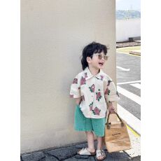 批发男童衬衫短袖2025新款男孩时髦短袖花衬衣韩版儿童宽松洋气衬衫潮