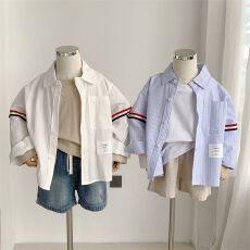 批发儿童棉质衬衫2025<b class='q'>春</b>秋季新品男女童条纹口袋衬衫宝宝韩版衬衣外套