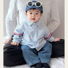 批发儿童<b class='q'>春</b>季衬衫全棉2025新款男女童条纹上衣纯色宝宝口袋白衬衣休闲
