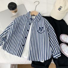 批发【原版色织面料做法】男童条纹衬衫<b class='q'>春</b>秋新儿童帅气炸街长袖衬衣男