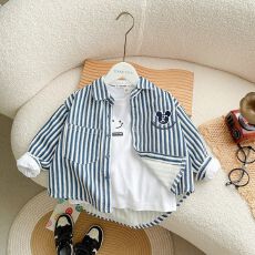 批发原版色织面料做法  男童条纹衬衫<b class='q'>春</b>秋新儿童帅气炸街长袖衬衣女孩