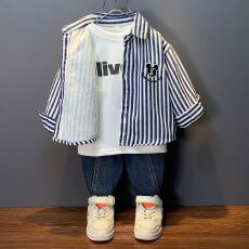 批发原版色织面料做法  男童条纹衬衫<b class='q'>春</b>秋新儿童帅气炸街长袖衬衣女孩
