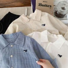 批发原版做法蓝色织条布 白色仿棉沙洗斜 韩国男童女童小标刺绣开衫