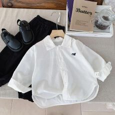 批发原版做法蓝色织条布 白色仿棉沙洗斜 韩国男童女童小标刺绣开衫