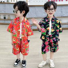 批发儿童夏装2026新款<b class='q'>男童</b>东北<b class='q'>大</b>花衬衣女孩酷宝帅气休闲短袖短裤套装