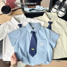 批发配领带*仿棉沙洗斜*儿童夏装短袖衬衫夏季学院短袖中大童宝宝洋气