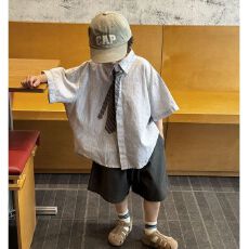 批发原布色织条*夏装宝宝港风夏季薄款沙滩服度假风衬衣儿童<b class='q'>短袖</b>衬衫