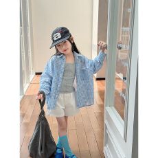 批发30涤70棉#涤棉色织格子<b class='q'>儿童</b>复古格纹翻领长袖<b class='q'>衬衣</b>格子上衣中小童