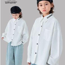 批发纯棉 32支双斜砂洗*白色长袖男童<b class='q'>衬衫</b>春秋款<b class='q'>儿童</b>中大童秋季<b class='q'>衬衣</b>