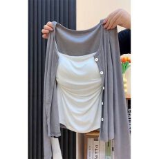 批发韩系灰色开衫女纯欲风带胸垫白色<b class='q'>吊带</b>背心两件套