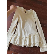 批发【罗纹德绒270克1*1】纯欲<b class='q'>甜美</b>蕾丝木耳边长袖t恤秋冬上衣