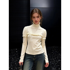 批发【广州罗纹德绒270克1*1】高领木耳边长袖t恤蝴蝶结<b class='q'>上衣</b>