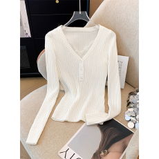 批发【官图 星空罗纹260<b class='q'>克</b>4*2】秋冬季蕾丝v领坑条长袖女设计感上衣