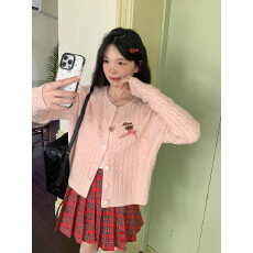 批发bibibency 学院风外穿毛衣外套甜美可爱粉色麻花针织开衫女秋冬