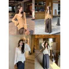 批发MeetYou 私享 早秋气质高级感喇叭袖不规则针织收腰显瘦小衫