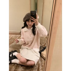 批发香蕉脱掉了 棉花糖粉色条纹软糯慵懒风<b class='q'>毛衣</b>日系可爱针织衫上衣