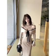 批发香邂白茶法式气质一字肩长袖连衣<b class='q'>裙</b>女2025秋季<b class='q'>修身</b>收腰包臀长<b class='q'>裙</b>子