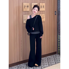 批发时尚韩版高级感<b class='q'>套装</b>女2025秋季新款斜肩长袖卫衣显瘦休闲两件套潮