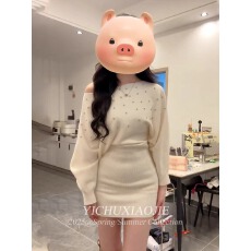 批发2025新款特别漂亮掐腰烫钻针织<b class='q'>连衣裙</b>女秋冬季一字肩气质包臀裙子