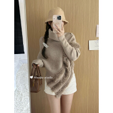 批发高领蝙蝠袖老钱风高领毛衣女不规则毛毛拼接设计感针织衫<b class='q'>宽松</b>上衣