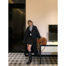 批发韩系秋季宽松上衣韩系薄款长款过膝黑色翻领双排扣风衣女外套